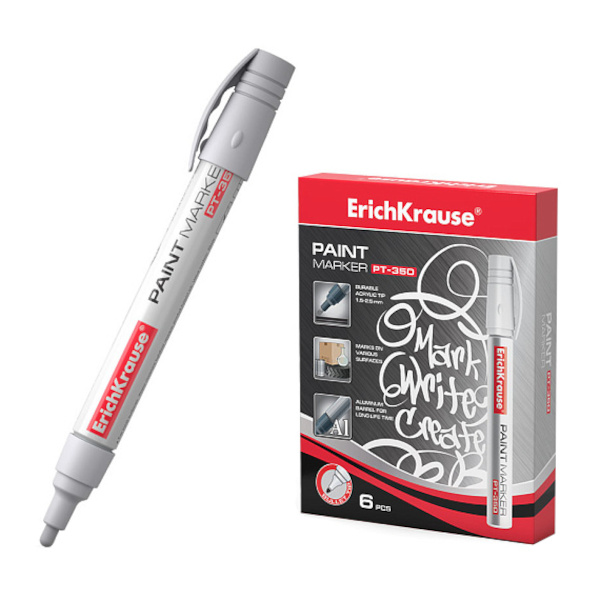 Маркер-краска 1,5-2,5мм, спирт.осн., пулевид., белый, алюм. корп. PT-350 37293 Erich Krause