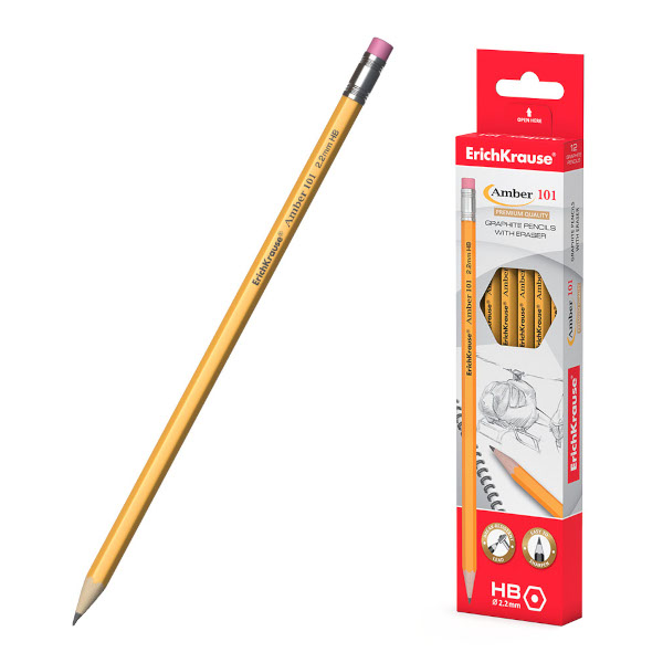 Карандаш ч/гр HB, дерево, 6-гран., ластик, желтый "Amber 101" 45601 Erich Krause