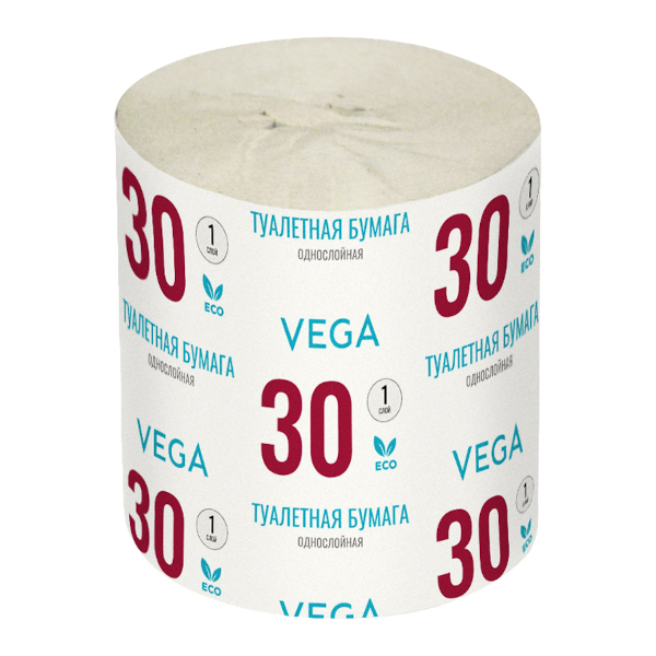 Бумага туалетная 1-слойная Vega 9см*30м, без втулки, серая 339242