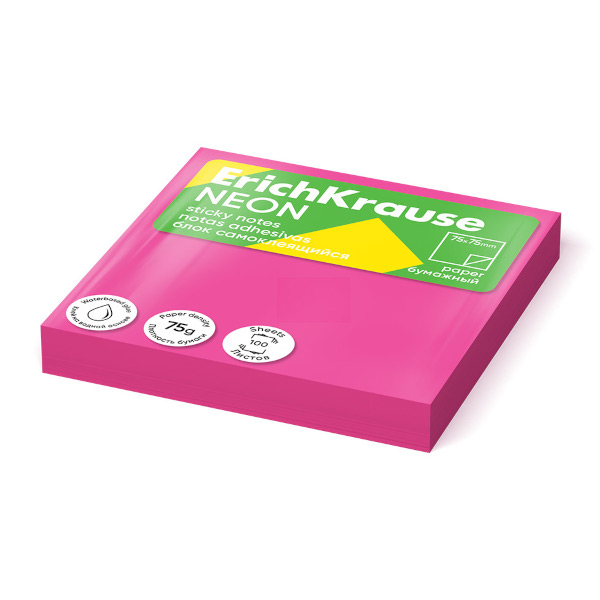 Липкий блок Erich Krause "Neon" 75*75мм, 100л, розовый 61657