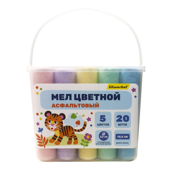 Мел цветной 5цв/20шт асфальтовый "Веселые друзья" круглый, пласт.ведро 1868780 Silwerhof