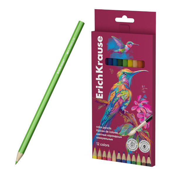 Карандаши акварельные Erich Krause "Safari" 12цв, 6-гран., дерево, +кисть, в карт.уп. 61817