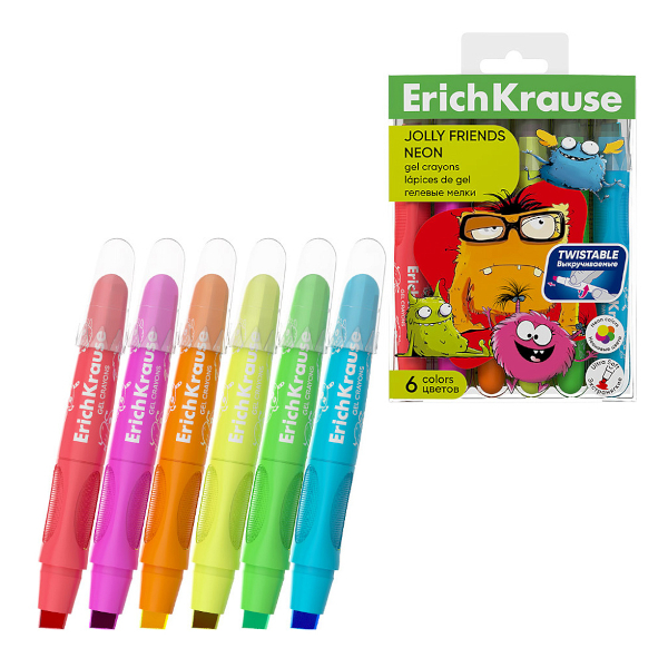 Мелки гелевые Erich Krause "Jolly Friends Neon" 6цв, круглые, выкруч., карт.уп. 65540