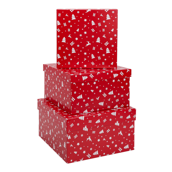 Набор квадратных коробок 3в1 19,5*11/17,5*10/15,5*9см "Елки на красном" ПП-4469