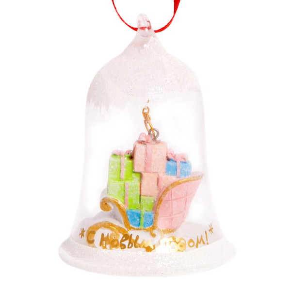 Подвесное украшение из стекла и полирезины "Сани с подарками" 5*7,5см 78355