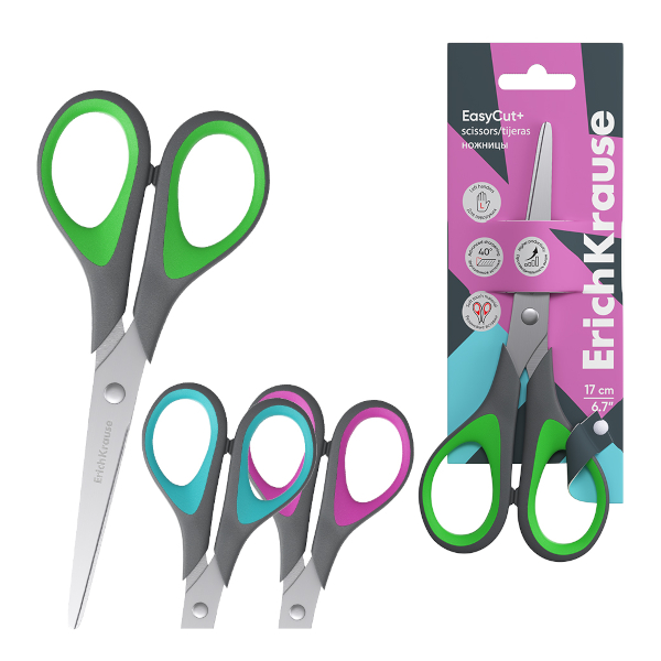 Ножницы для левшей 17см Erich Krause "EasyCut+" прорез., ассорти 60840