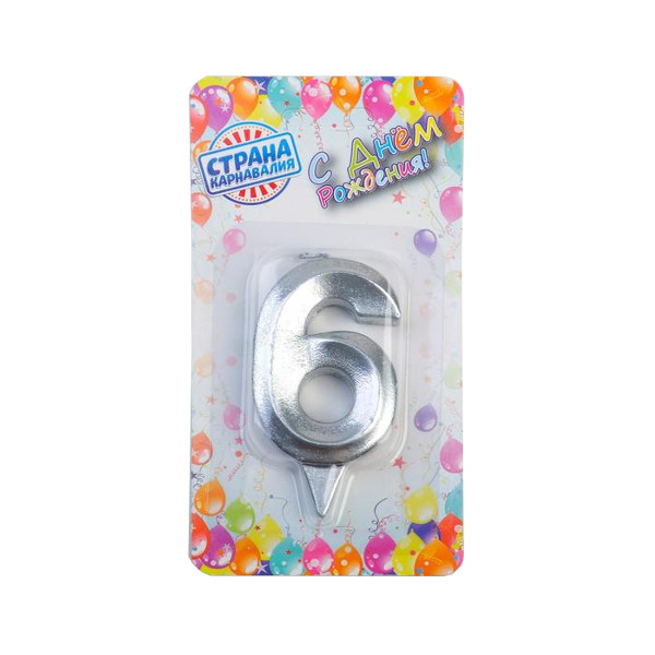 Свеча для торта "Цифра 6. Грань." серебряный металлик, 7,5см 5928500 Страна Карнавалия