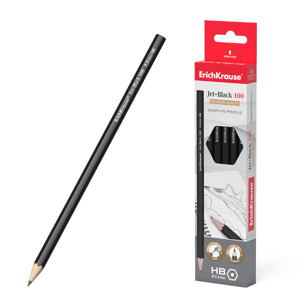 Карандаш ч/гр HB, дерево, 6-гран., без ласт., черный "Jet Black 100" 45604/60713 Erich Krause