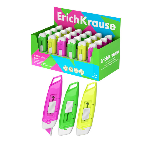 Нож канцелярский 13мм "Spark Mini Neon" пластик.корп., автофиксатор, ассорти 62757 Erich Krause