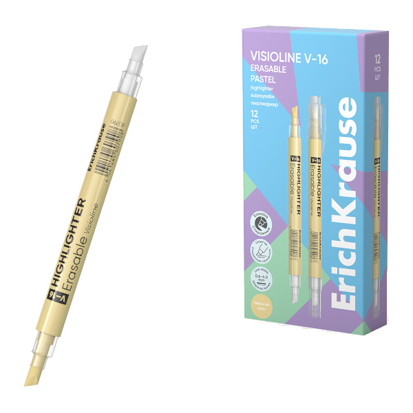 Текстовыделитель Erich Krause V-16 Erasable Pastel /желтый/скош./двустор/стираемый/0,6-4мм 60790