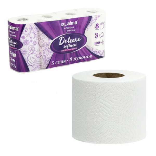 Бумага туалетная 3-слойная Laima "Deluxe" 9,5см*16,5м, втулка, белая (1уп*8рул.) 115396