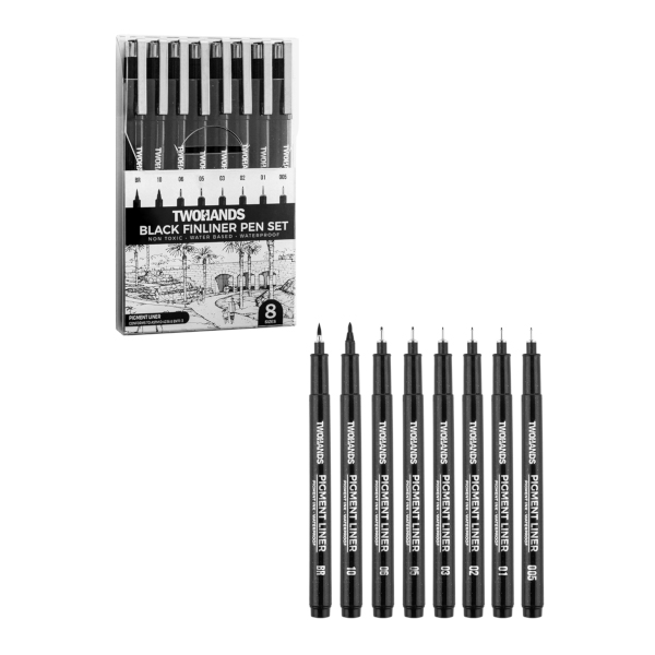 Набор линеров 0,2/0,25/0,3/0,35/0,45/0,5/1мм/кисть, черный 21267 Twohands