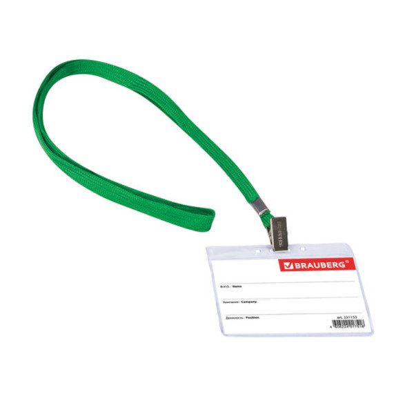 Бейдж 76*93мм горизонт., зажим/шнурок зеленый, пластик, прозрач. 231153 Brauberg (1шт)