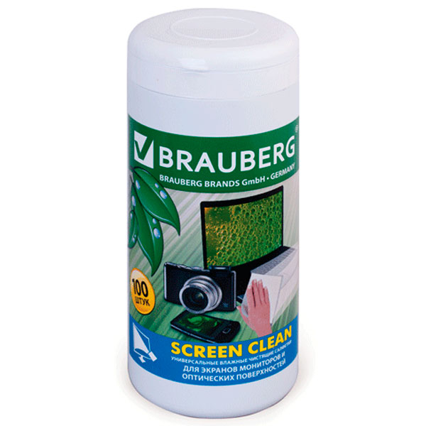 Салфетки чистящие BRAUBERG  "Screen Clean" для мониторов и оптич. поверх. (100шт) туба 510122
