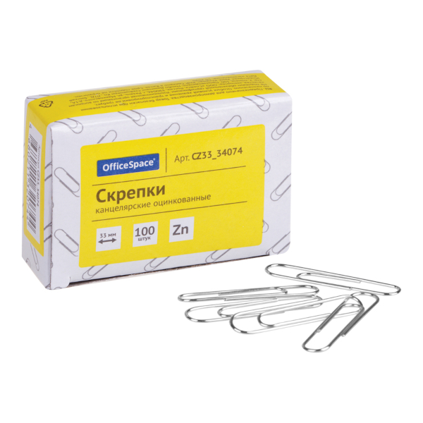 Скрепки 33мм OfficeSpace овальные, оцинкованные., в карт.уп. CZ33_34074 (100шт)