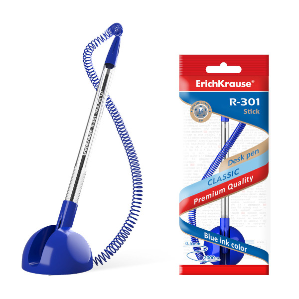 Ручка шар на липучке Erich Krause "Desk Pen R-301" синий, корпус прозрач., 1,0мм 46434