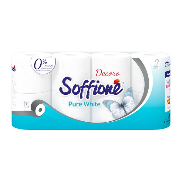 Бумага туалетная 2-слойная Soffione "Pure white" 9,4см*18м, втулка, белая (1уп*8рул.) 146/065068