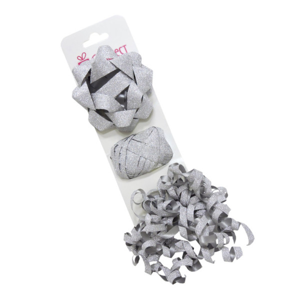 Набор для оформления подарков "Серебряный" (1бант-звезда, 1бант-серпантин, лента) 7236 Квадра