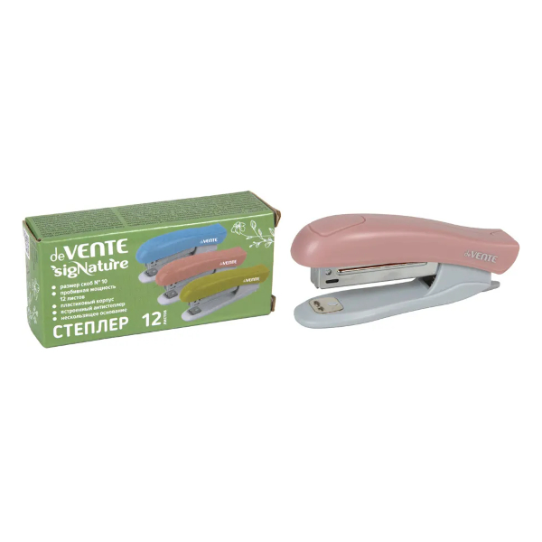 Степлер №10, 12л, пластик, антистеплер, пудрово-розовый "sigNATURE" 4142512 deVENTE