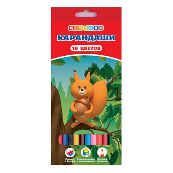 Карандаши 18цв, дерево, 6-гран "Цветик" карт.уп. 37411402 Невская палитра