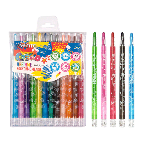 Мелки восковые deVENTE "Cosmo" 12цв, круглые, поворот., пласт.уп. 8077942