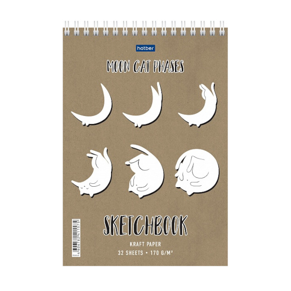 Скетчбук крафт листы А5 32л, 170г/м2, гребень "Лунный котик" 32Б5Aгр_26520 Hatber