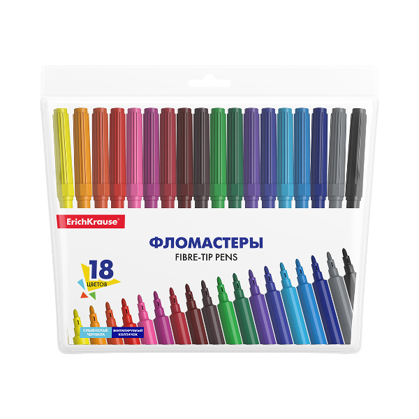 Фломастеры Erich Krause "Basic " 18цв смываемые чернила, пластик.уп. 53369