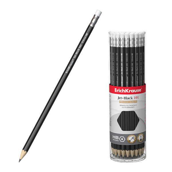 Карандаш ч/гр HB, дерево, 6-гран., ластик, черный "Jet Black 101" 32841/45606 Erich Krause