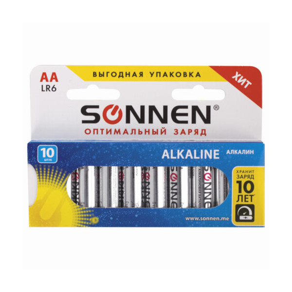 Батарейка SONNEN алкалиновые АА (LR6, 15А) 451086 (1уп*10шт)