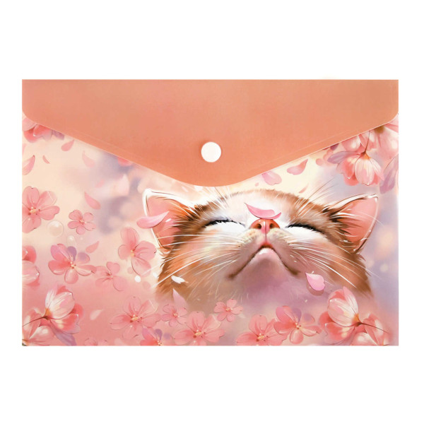 Папка-конверт на кнопке А5, 1отд., 180мкм, рисунок "Цветочный кот" 69016 Феникс+