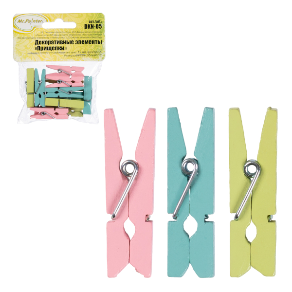 Декоративные прищепки "Утро" 12шт, 35мм деревянные (роз./салат./голуб.) DKN-05 Mr.Painter