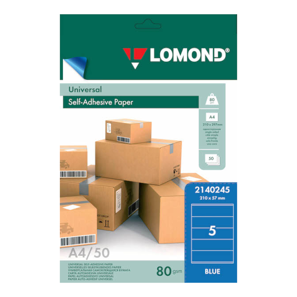 Бумага самоклеящаяся А4 Lomond 5шт на листе 57*210мм 80г/м2, голубой, универс. 2140245 (50л)
