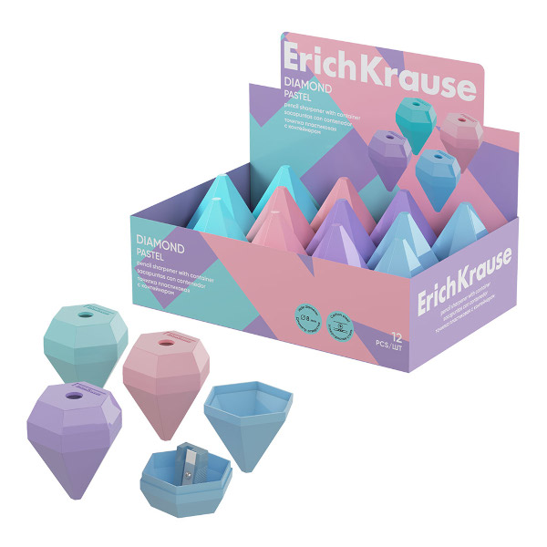 Точилка Erich Krause "Diamond. Pastel" 1 отв., пластик, контейнер, ассорти 60055