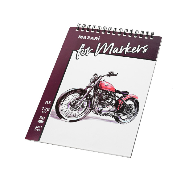 Скетчбук для маркеров А5 30л, 120г/м2, гребень "Мотоцикл" M-8373 MAZARI ТМ