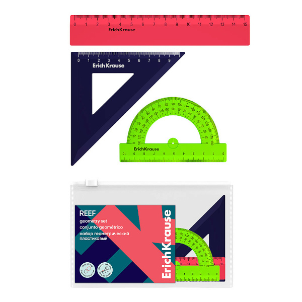 Геометрический набор 3предм.(линейка 15см, угольник 45°, транспортир) "Reef" 63197 Erich Krause