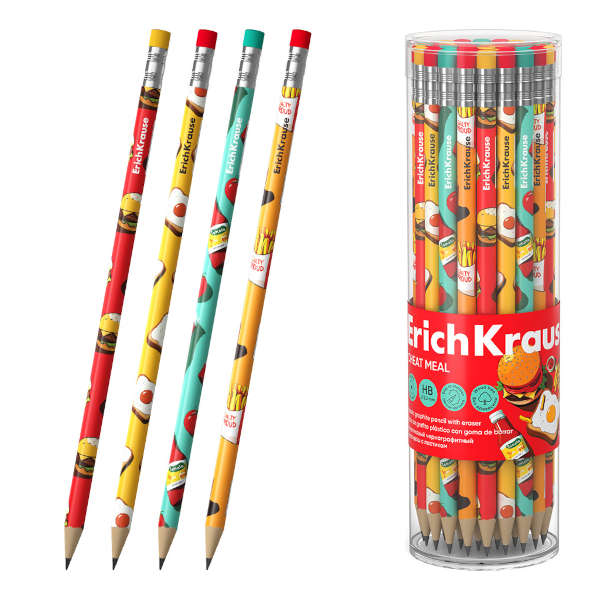 Карандаш ч/гр HB, пластик, круглый, ластик, ассорти "Cheat Meal" 65561 Erich Krause