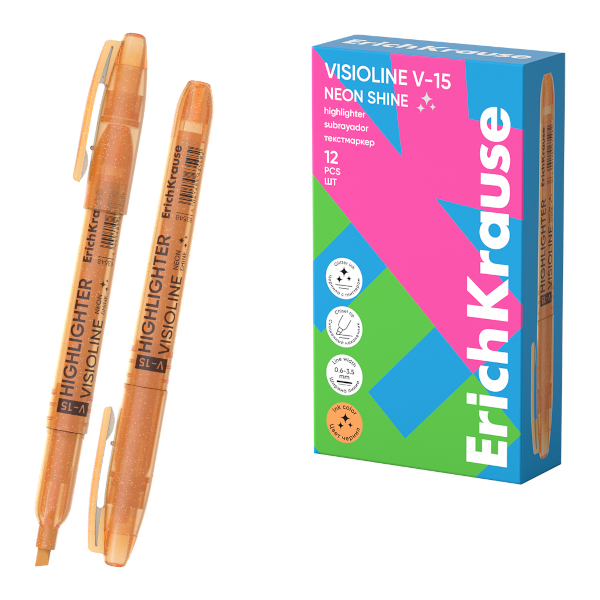 Текстовыделитель Erich Krause V-15 Neon Shine /оранжевый/скошенный/0,6-3,5мм 63548
