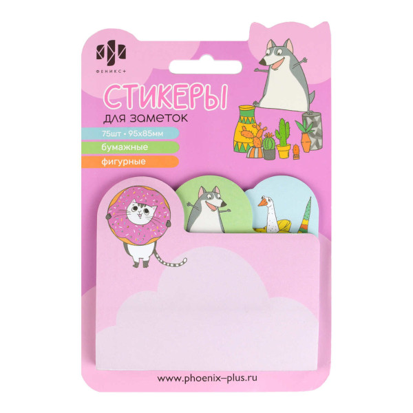 Липкий блок Феникс+ "Зверюшки" 85*95мм, 75л фигурн. (3цв*25л) 66580