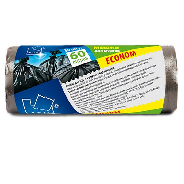 Пакеты для мусора ПНД 60л, 8мкм, 50*60см, черные, 30шт/рул "Econom" PRO963C A.D.M.