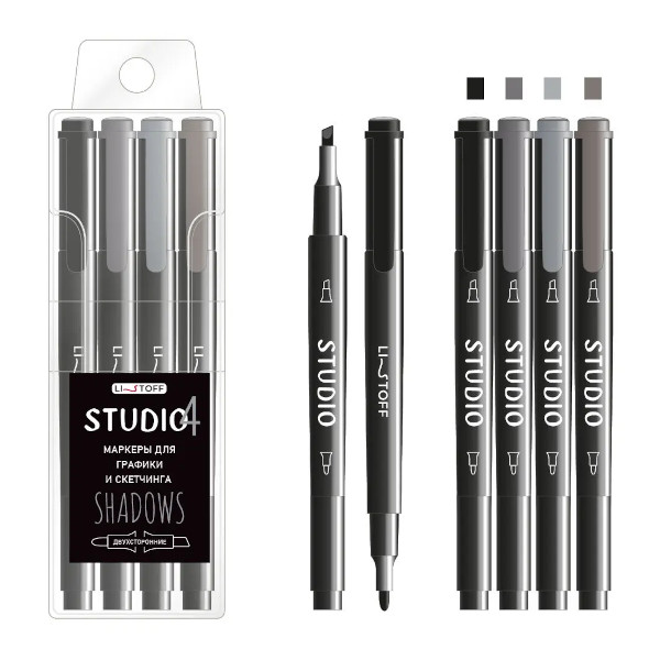 Набор маркеров Listoff "Studio. Shadows" 4цв., двустор., пулевид./скош., ПВХ-уп НМД40043