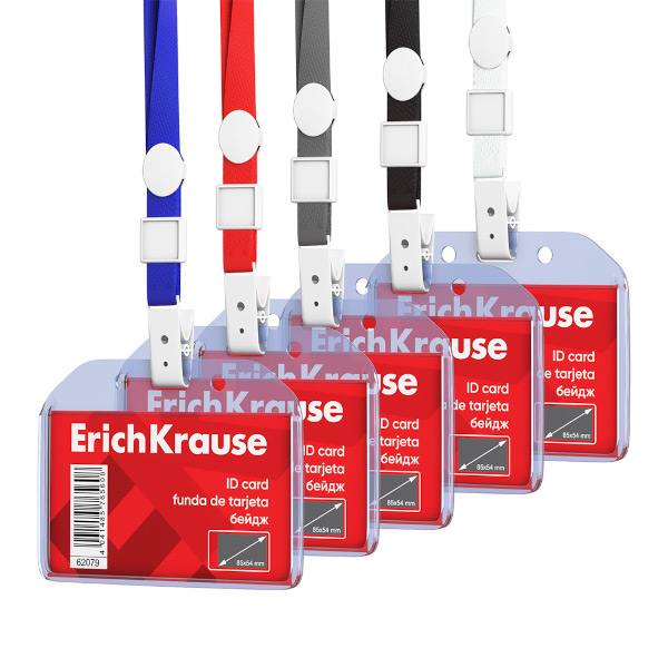 Бейдж 54*85мм горизонт., клип/шнур ассорти, пластик, прозрач. 62079 Erich Krause (1шт)