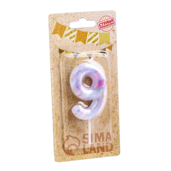 Свеча для торта "Цифра 9. Белый мрамор" 8см 6990838 Страна Карнавалия