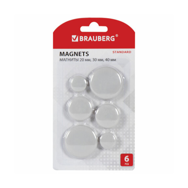 Магнит для белой доски 20мм, 30мм, 40мм в блист. 6шт, круглый, серый 237473 Brauberg