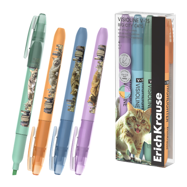 Набор текстовыделителей 4цв Erich Krause "V-15 City Cats" зел.гол.оранж.фиол/скош/0,6-3,5мм 63369