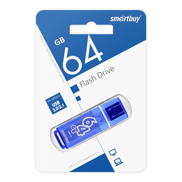 Память Flash Drive 64Gb USB 3.0/3.1 Smartbuy Glossy темно-синий SB64GBGS-DB