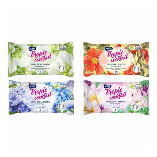 Салфетки влажные Aura "Tropic coctail" освежающие, ассорти, 15*20см, 15шт/пач 83824