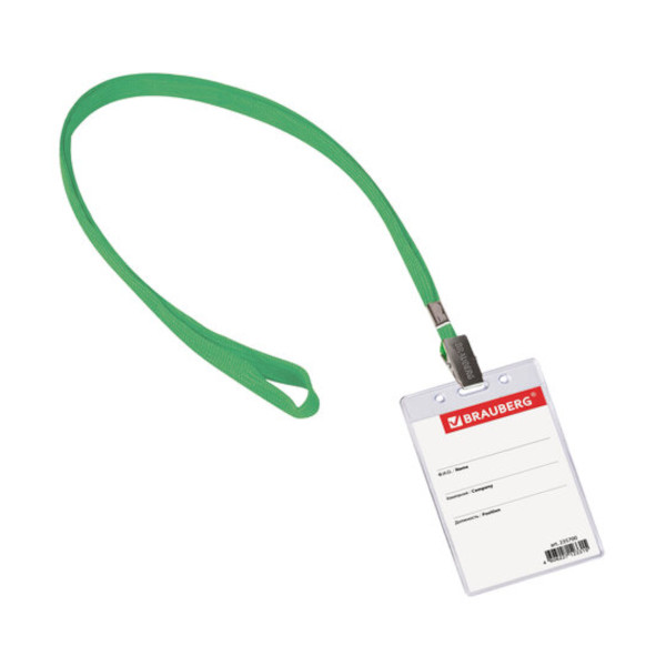 Бейдж 65*107мм вертикал., зажим/шнурок зеленый, пластик, прозрач. 235700 Brauberg (1шт)