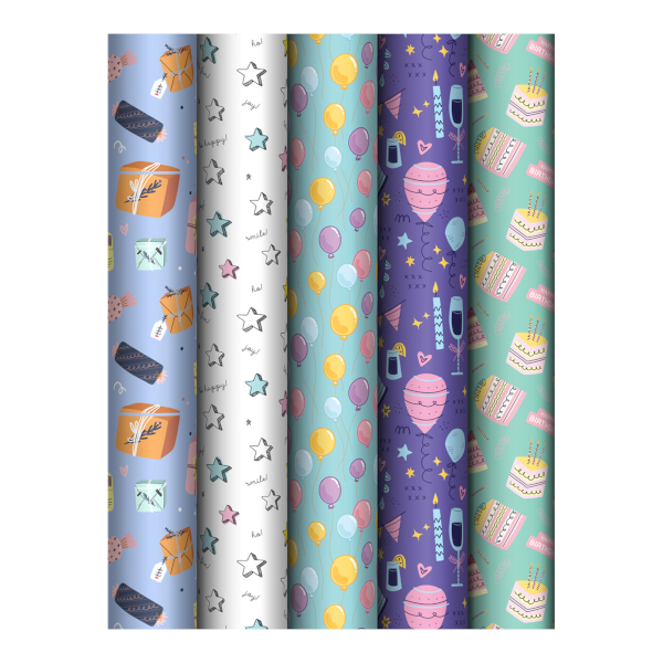 Бумага упаковочная "Birthday mood" глянц., 70*100см, рулон, ассорти MS_62815 MESHU