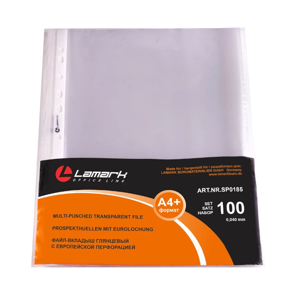 Файл (мультифора) А4+ 40мкм, прозрачный, глянцевый SP0185 (уп 100шт) Lamark упаковка