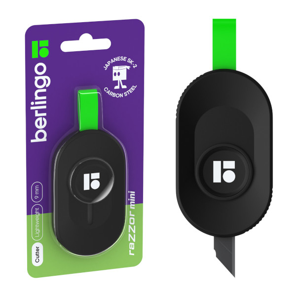 Нож канцелярский 9мм, пластик.корп., ручной фикс., черный, блистер "Razzor mini" BM4143 Berlingo